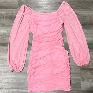 MEROKEETY Pink Ruched Mesh Long Sleeve Bodycon Mini Dress Women’s S. Valentines